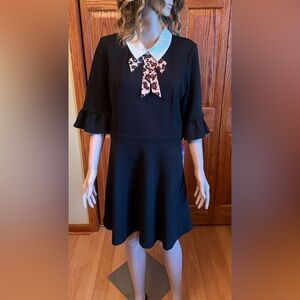 NWT Betsey Johnson Leopard Tie Front Fit & Flare Black Dress White Collar Sz 12